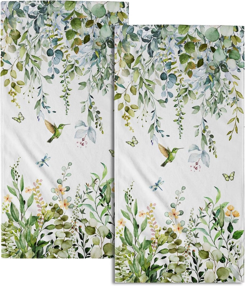 Granbey Spring Eucalyptus Leaves Kitchen Towels 14"x28" Set of 2 Green Botanical Humming Bird Decorative Soft Absorbent Hand Towels Summer Holiday Home Decor for Bathroom Gym Spa - Image 1